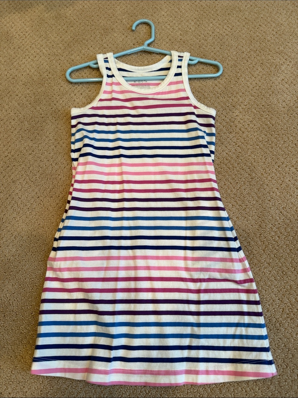 Kids Primary striped Tank Dress in Pink, Blue & Navy with pockets. Size 6-7